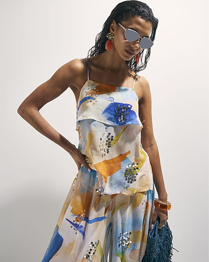 Cream Blur Print Tiered Cami Top