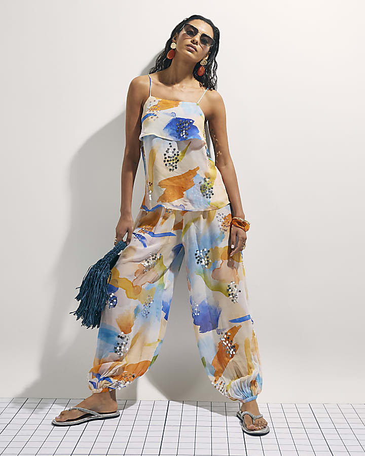 Cream Blur Print Tiered Cami Top