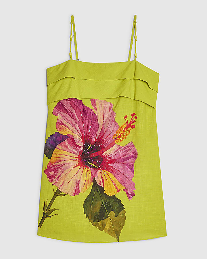 Green Cotton Hibiscus Print Mini Dress