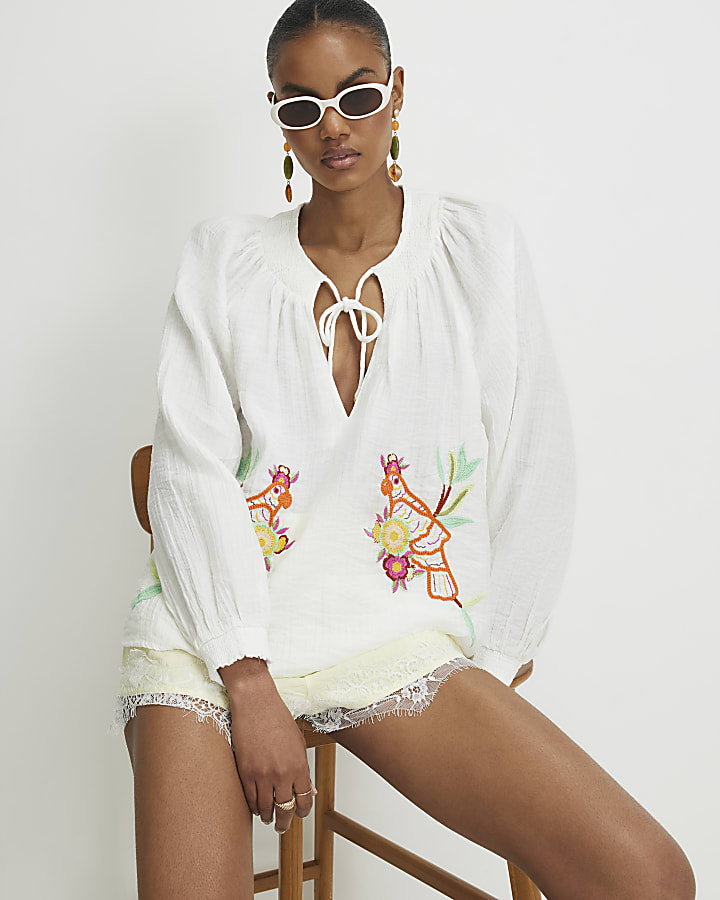 White Cotton blend Parrot Boutique Blouse