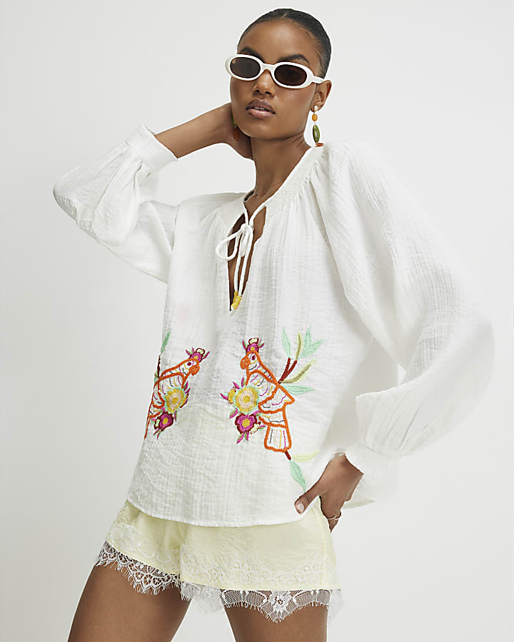 White Cotton blend Parrot Boutique Blouse