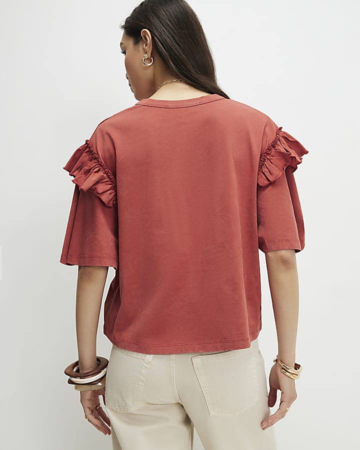 Orange Chevron Ruffle Sleeve T-Shirt