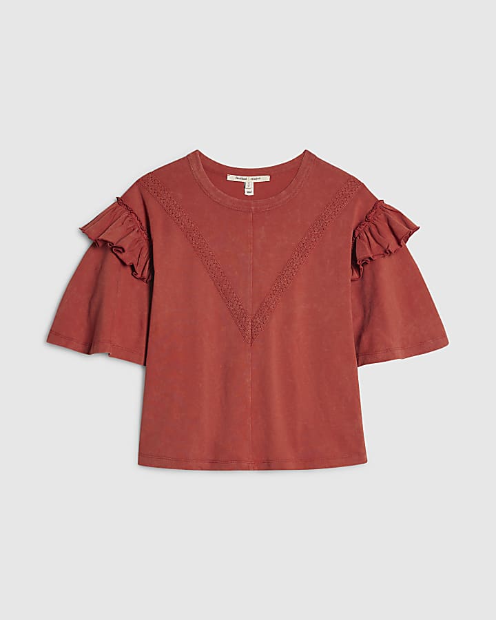 Orange Chevron Ruffle Sleeve T-Shirt