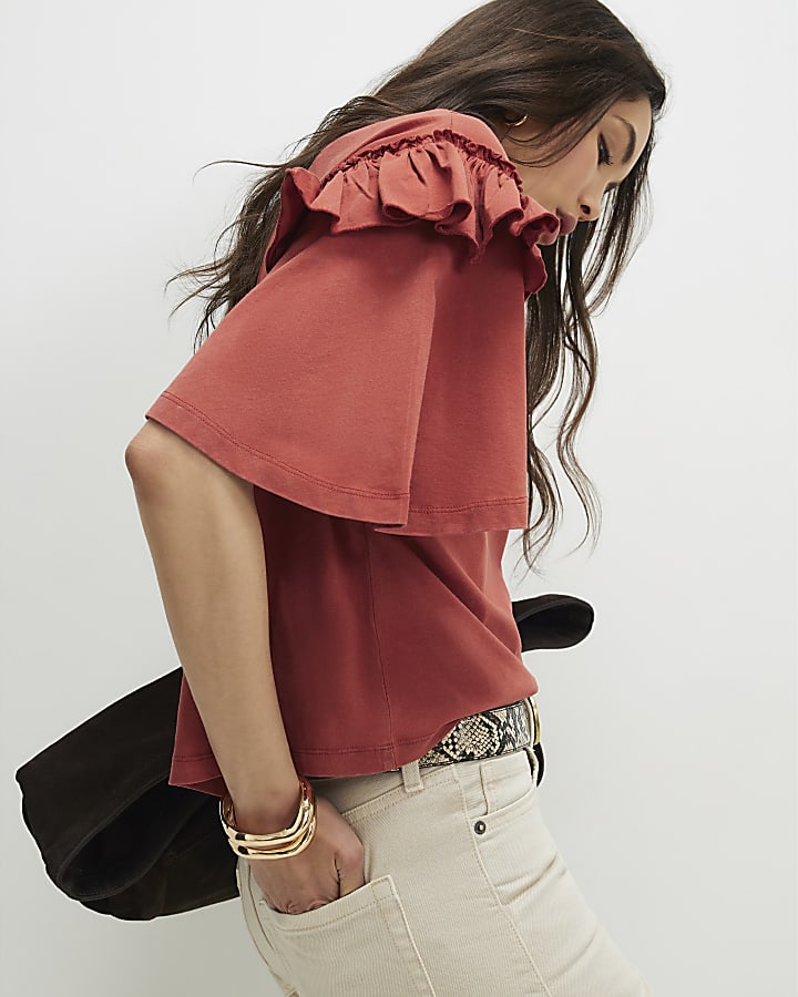 Orange Chevron Ruffle Sleeve T-Shirt