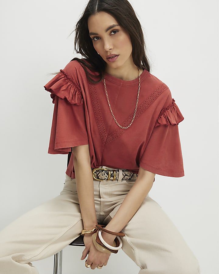 Orange Chevron Ruffle Sleeve T-Shirt