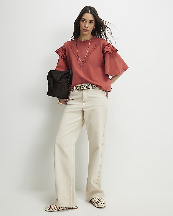 Orange Chevron Ruffle Sleeve T-Shirt