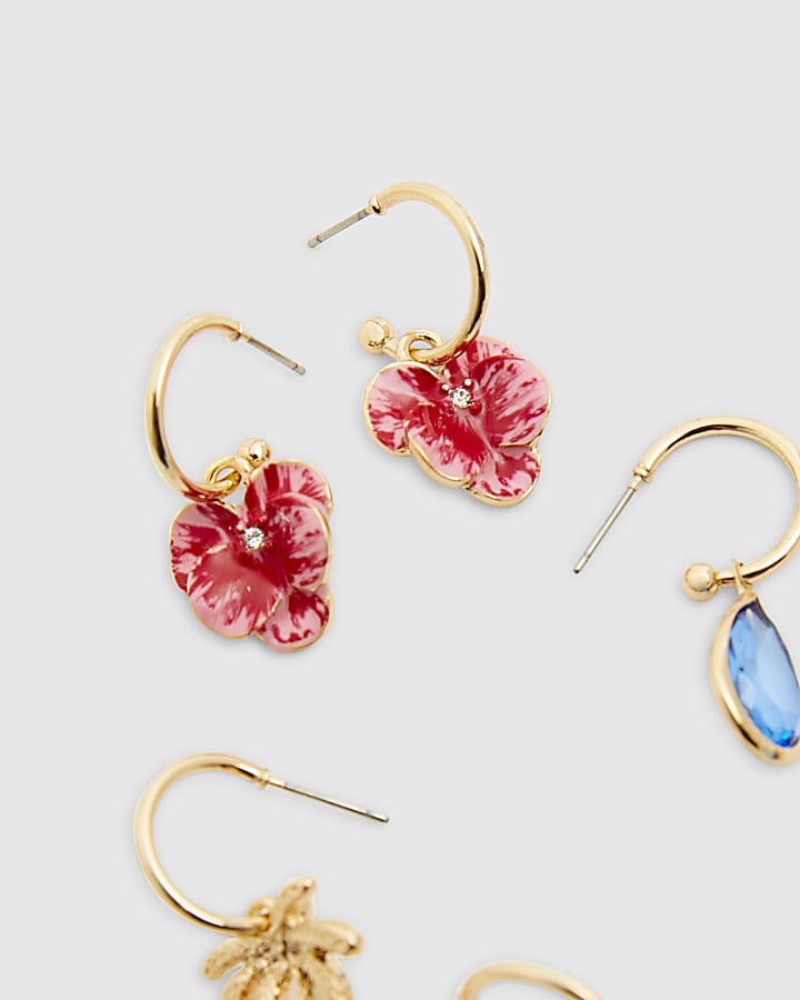 Multi Colour palm tree flower 3 pack earrings