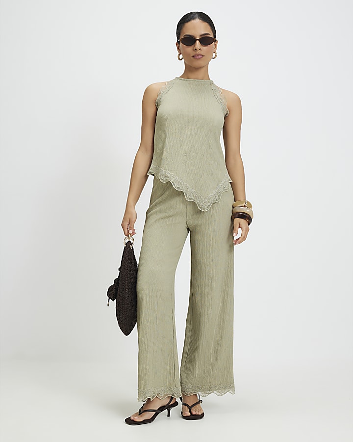 Petite Green Lace Trim Textured Halter Top