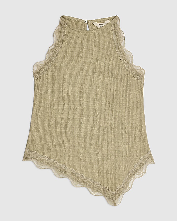 Petite Green Lace Trim Textured Halter Top