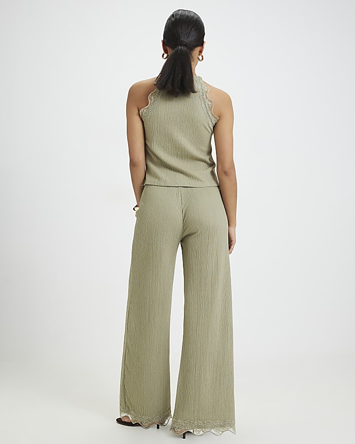 Petite Green Lace Trim Textured Wide Trousers