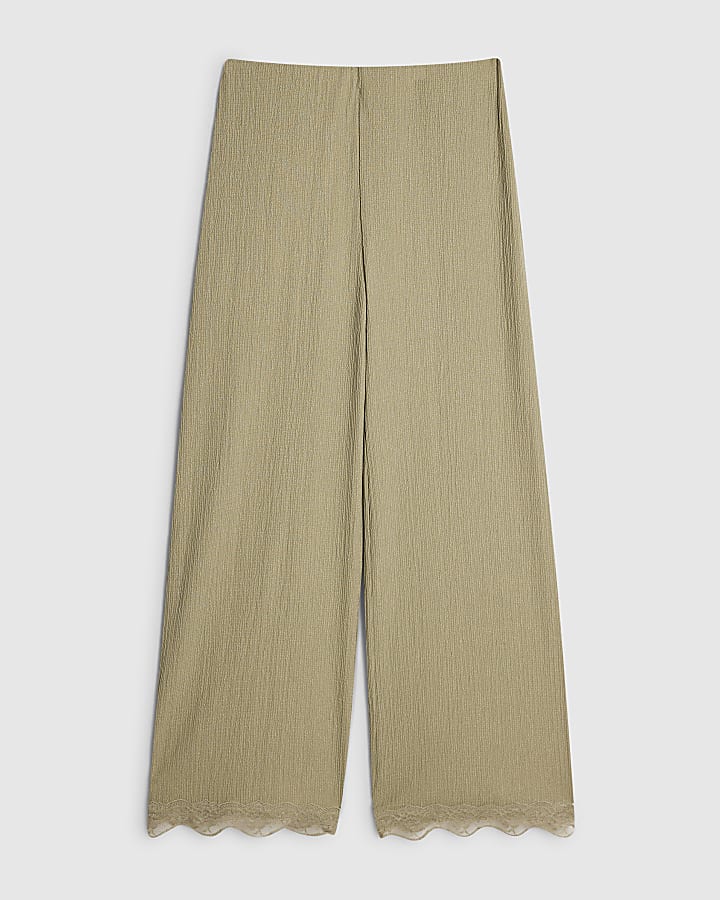 Petite Green Lace Trim Textured Wide Trousers