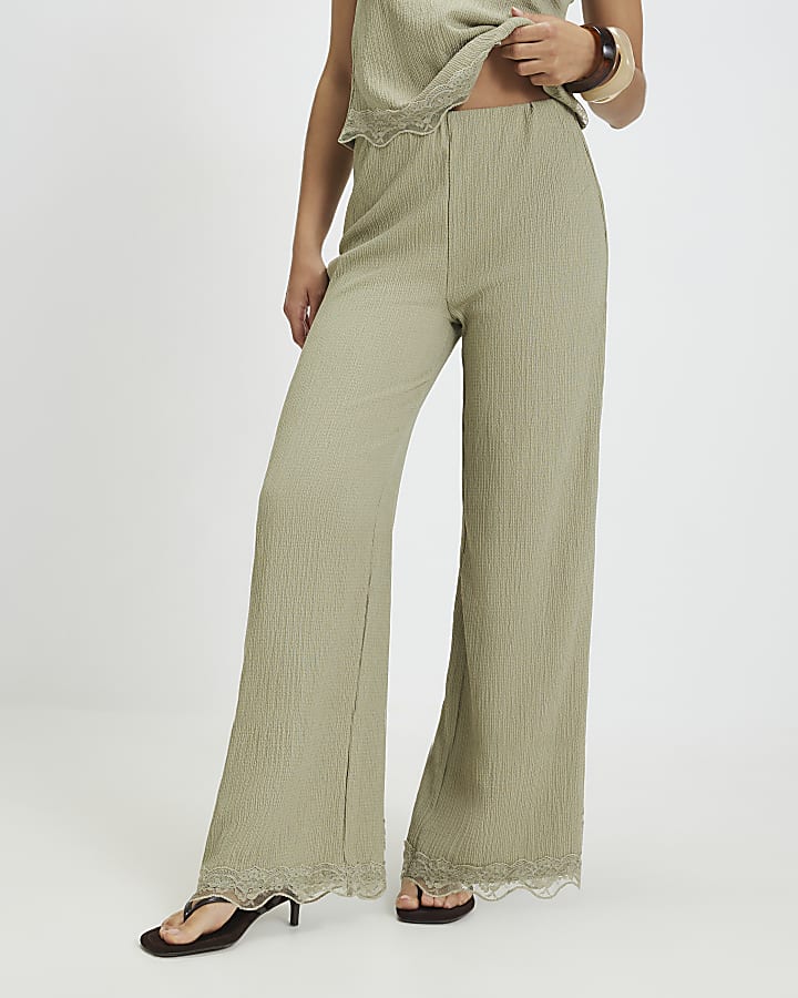 Petite Green Lace Trim Textured Wide Trousers