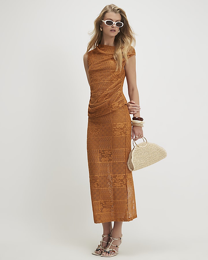 Orange Lace Sleeveless Off Shoulder Top