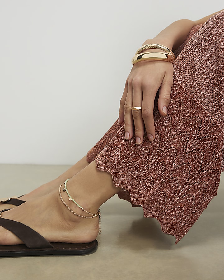 Gold beaded coin detail 2 pack anklets