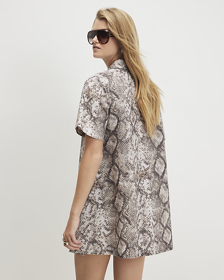 Beige Denim Snake Print Mini Dress