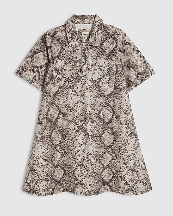 Beige Denim Snake Print Mini Dress
