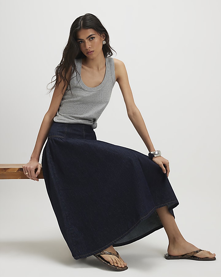Blue Denim Midi Skirt