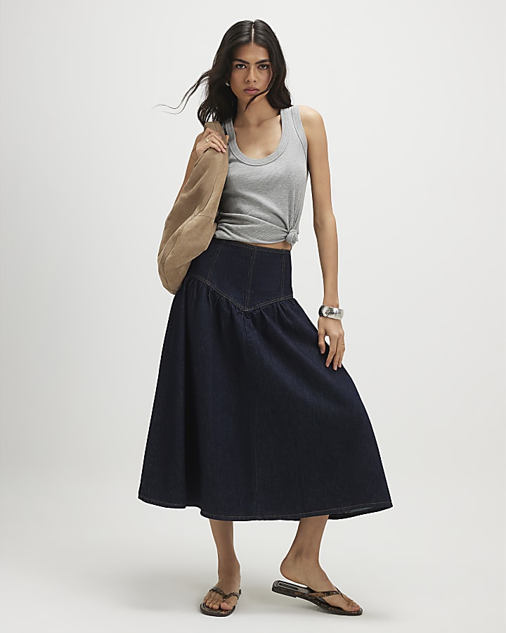 Blue Denim Midi Skirt