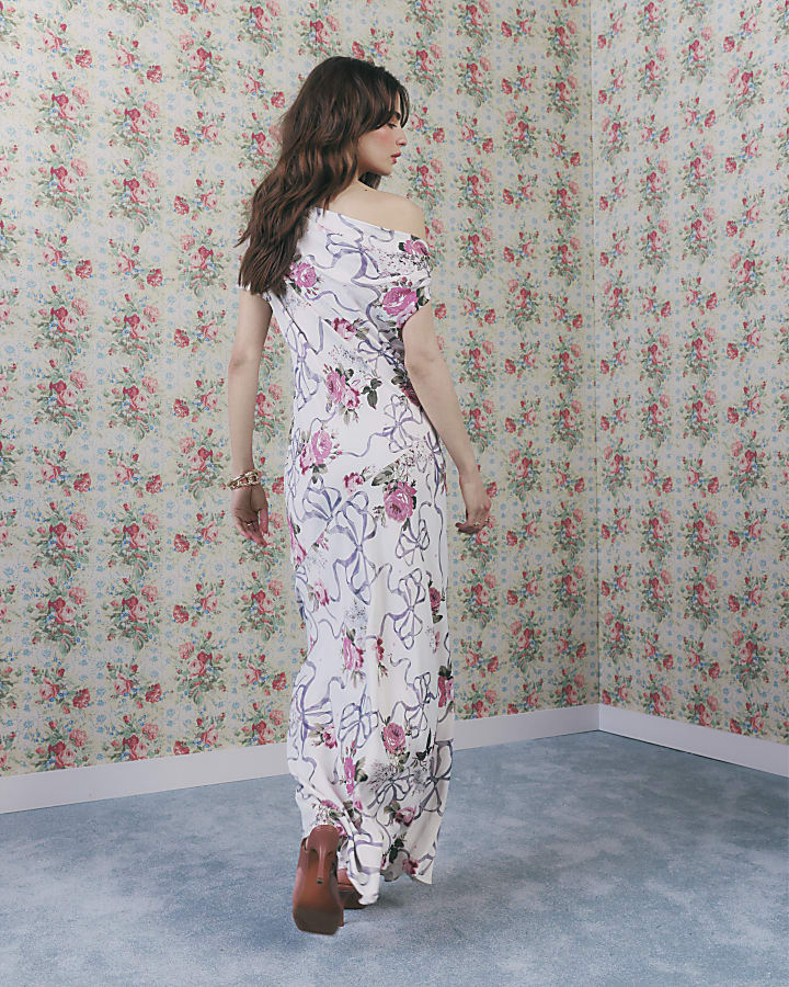 Cream Floral Asymmetric Neck Maxi Slip Dress