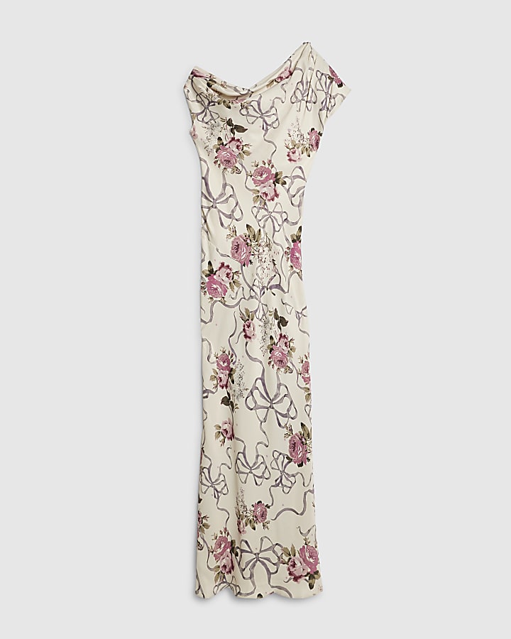 Cream Floral Asymmetric Neck Maxi Slip Dress