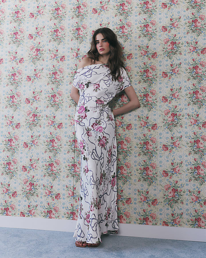 Cream Floral Asymmetric Neck Maxi Slip Dress