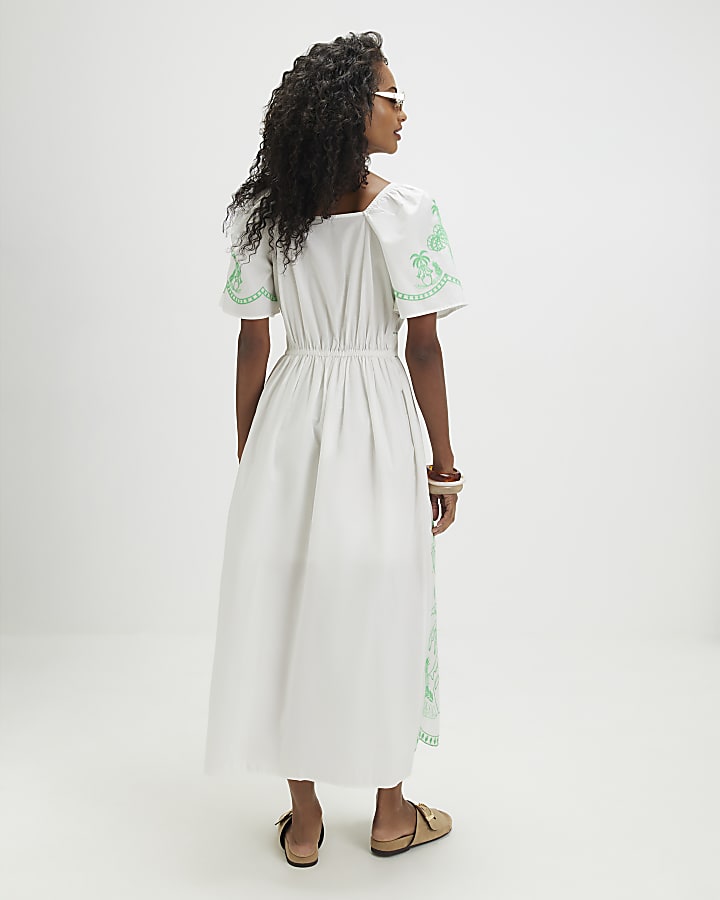 White Cotton Palm Embroidered Maxi Dress