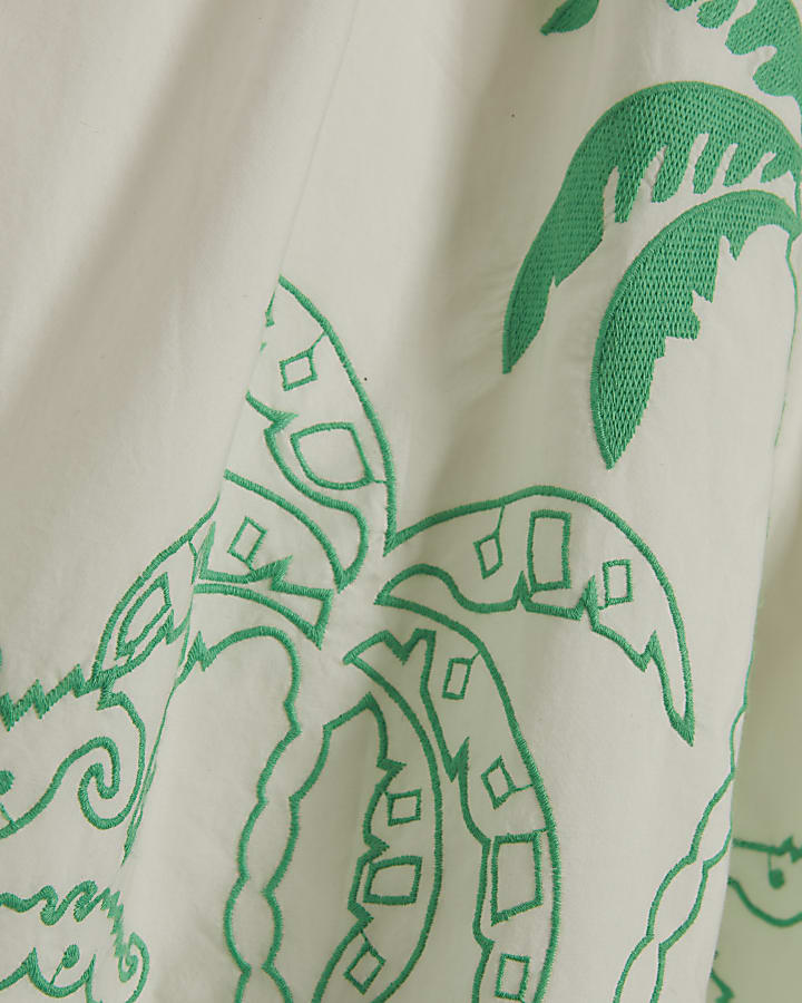 White Cotton Palm Embroidered Maxi Dress