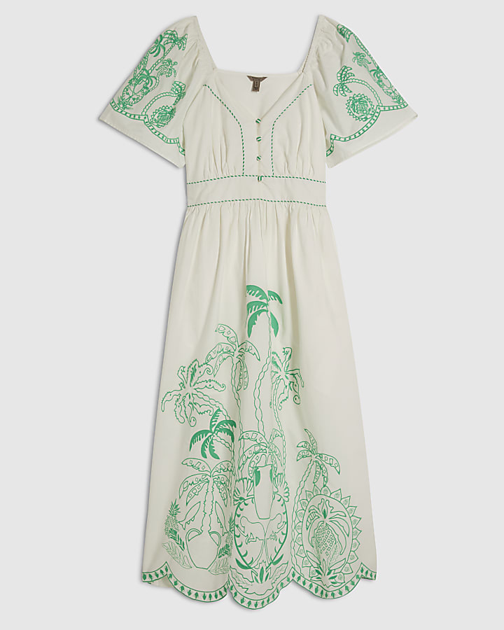 White Cotton Palm Embroidered Maxi Dress