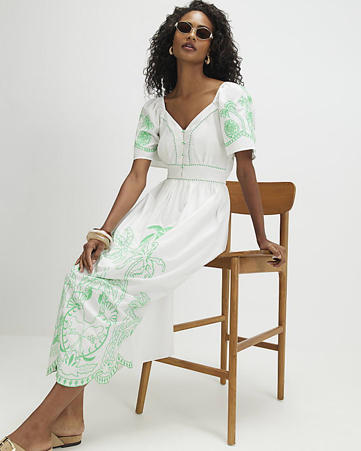 White Cotton Palm Embroidered Maxi Dress
