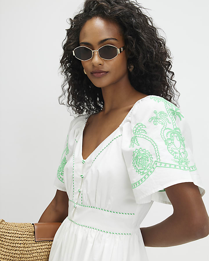 White Cotton Palm Embroidered Maxi Dress