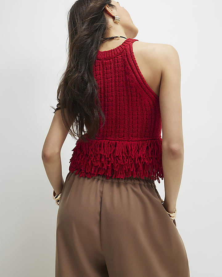 Red Knitted Fringe Trim Vest