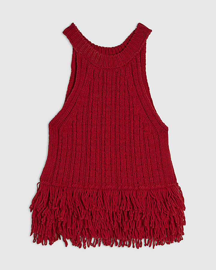 Red Knitted Fringe Trim Vest