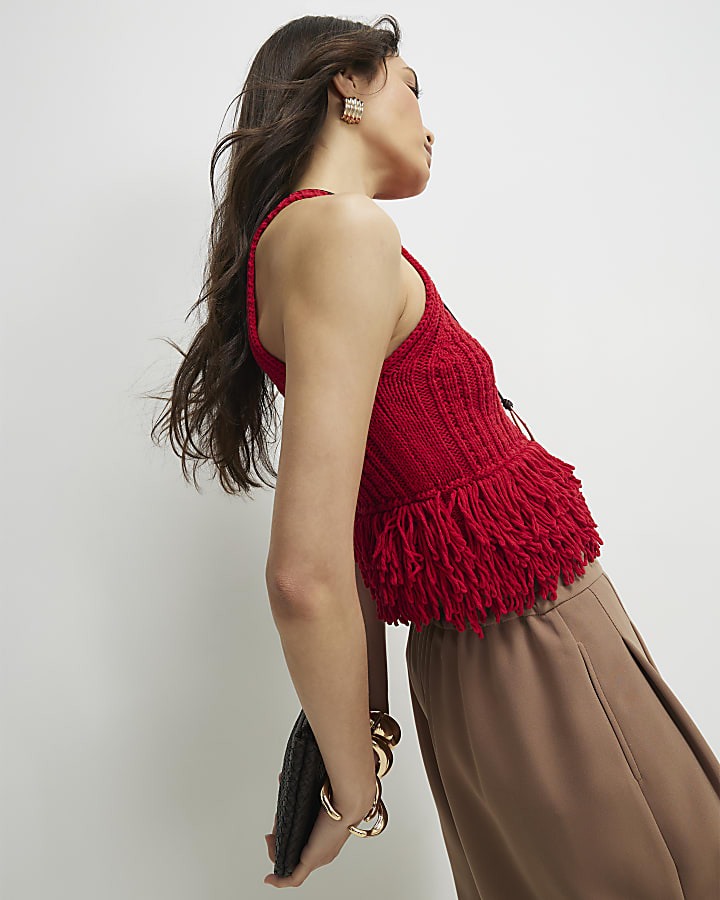Red Knitted Fringe Trim Vest