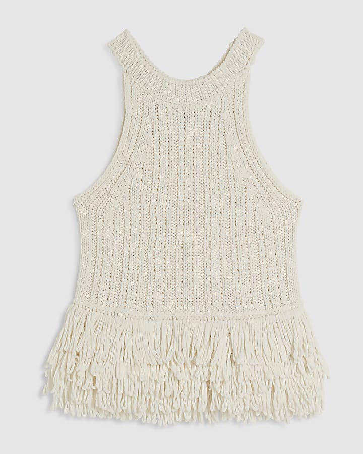 Cream Knitted Fringe Trim Vest Top