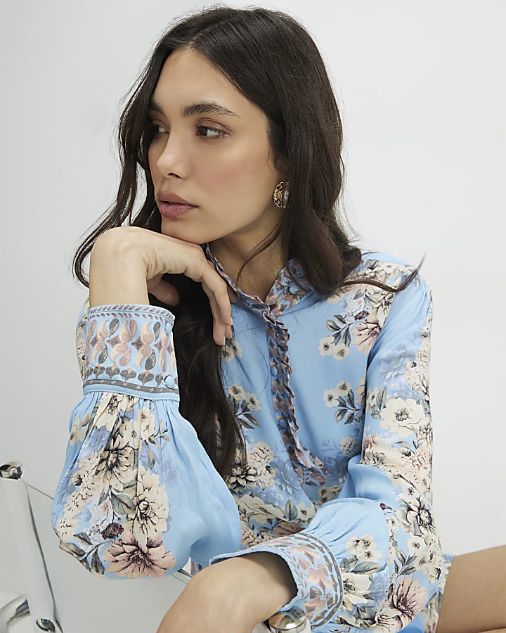 Blue Floral Boarder Print Blouse