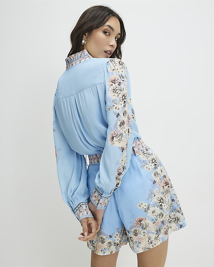 Blue Floral Boarder Print Blouse