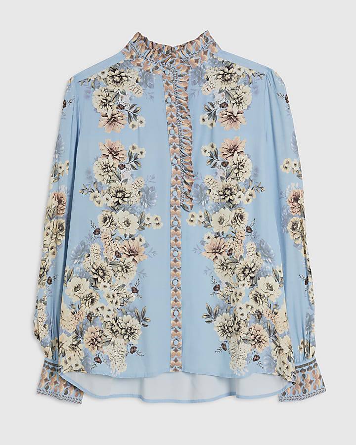 Blue Floral Boarder Print Blouse