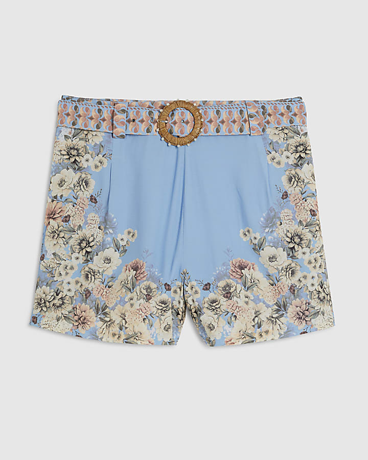 Blue Floral Boarder Print Shorts
