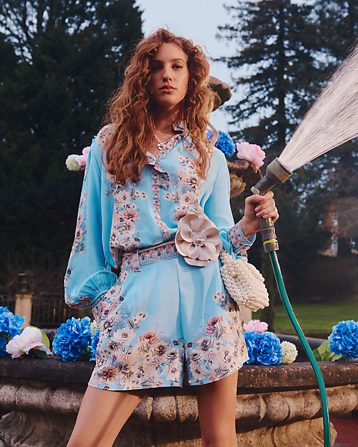 Blue Floral Boarder Print Shorts