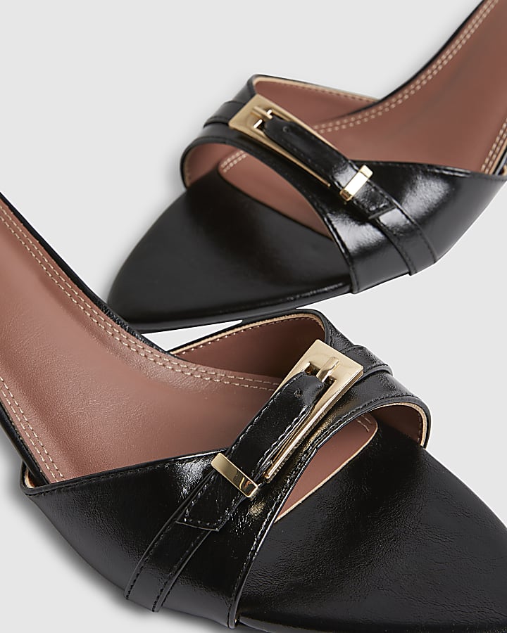 Black Buckle Pointed Heeled Mules