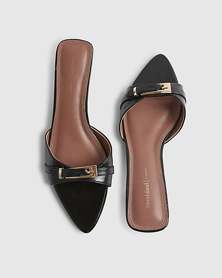 Black Buckle Pointed Heeled Mules