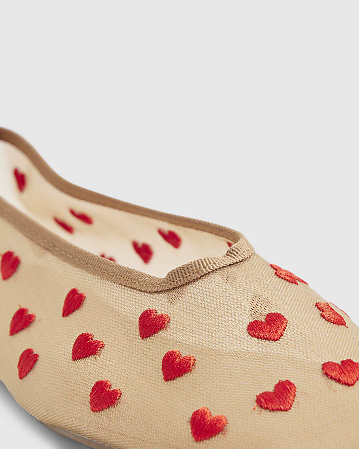 Beige Heart Mesh Ballet Flats