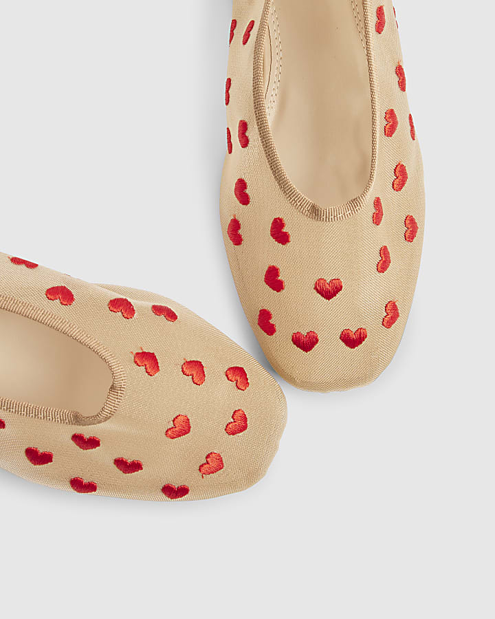 Beige Heart Mesh Ballet Flats