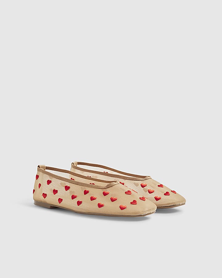Beige Heart Mesh Ballet Flats