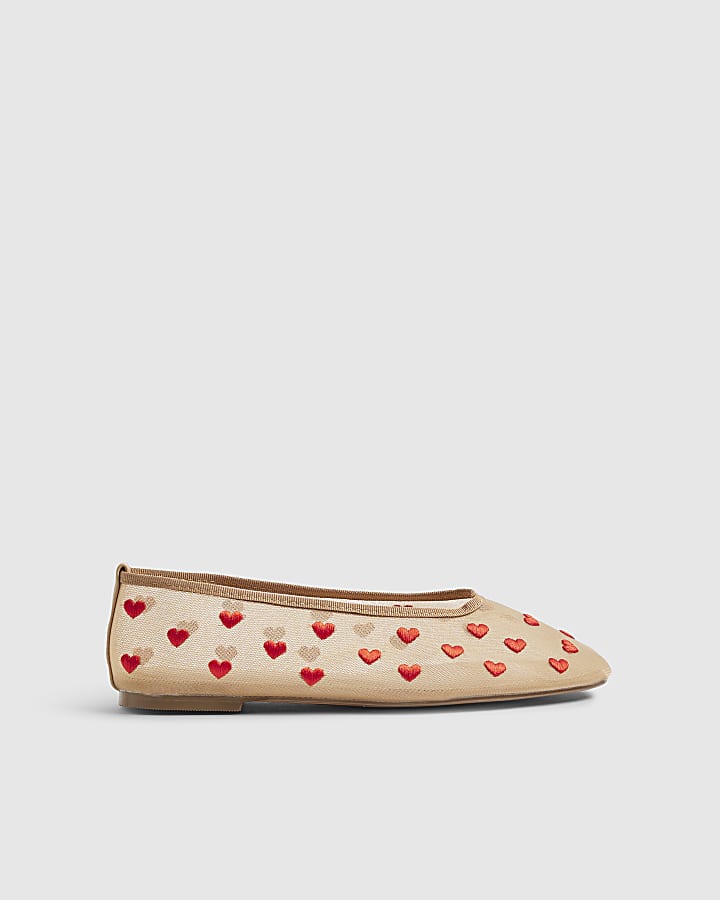 Beige Heart Mesh Ballet Flats