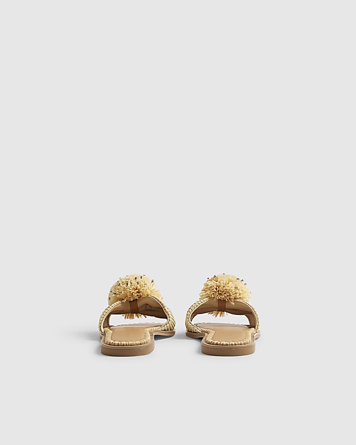 Beige Diamante Pompom Flat Sandals
