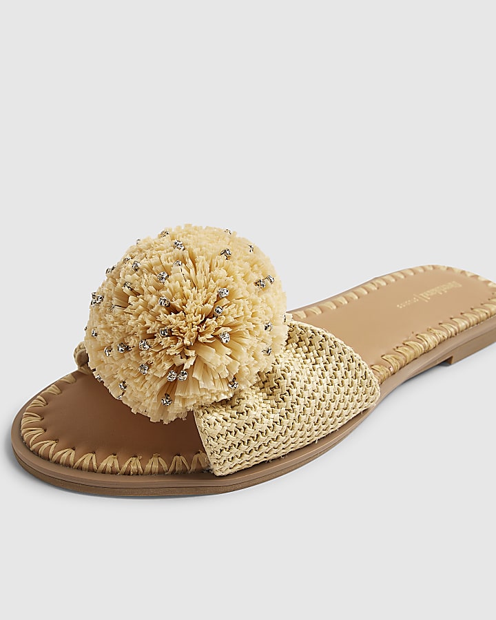 Beige Diamante Pompom Flat Sandals