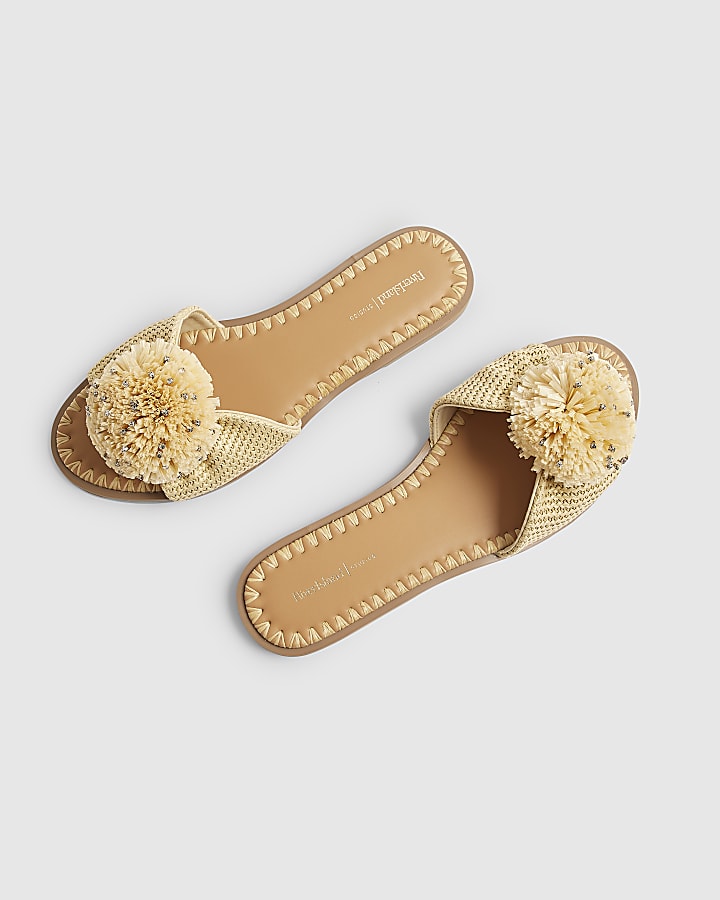 Beige Diamante Pompom Flat Sandals