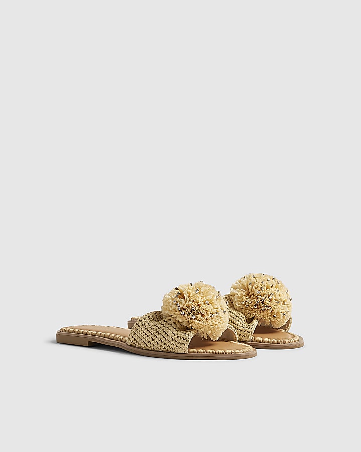 Beige Diamante Pompom Flat Sandals