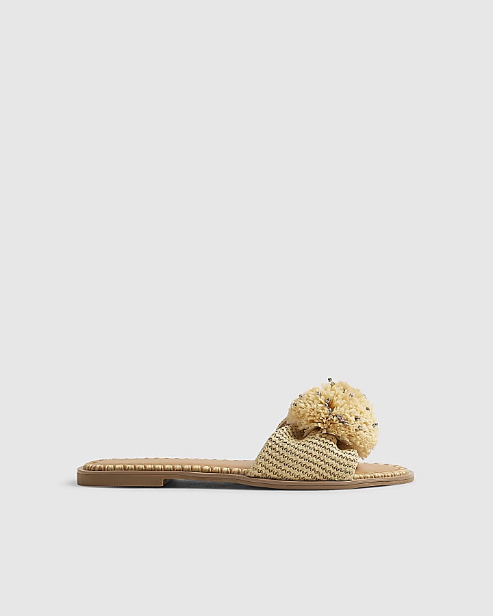 Beige Diamante Pompom Flat Sandals